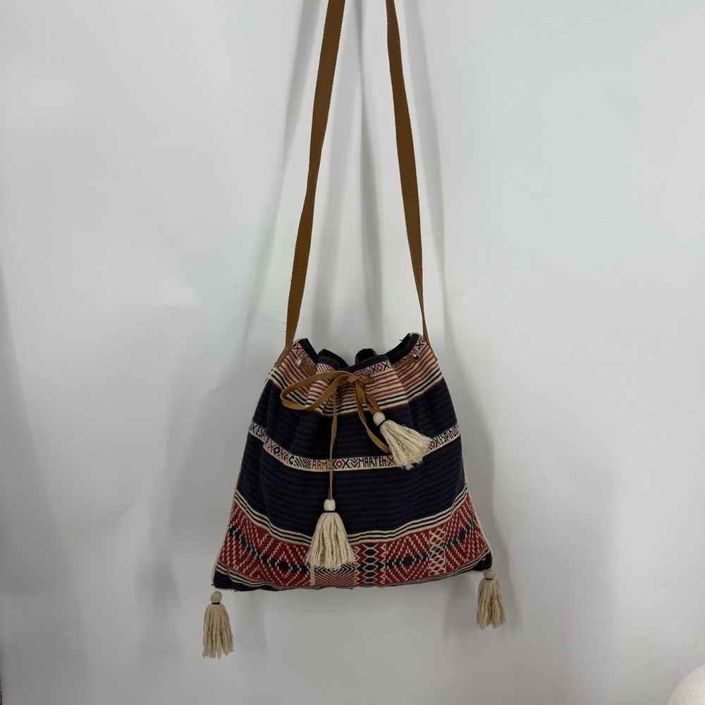 Star Mela vintage 100% cotton with leather strap and tassel bucket Boho bag